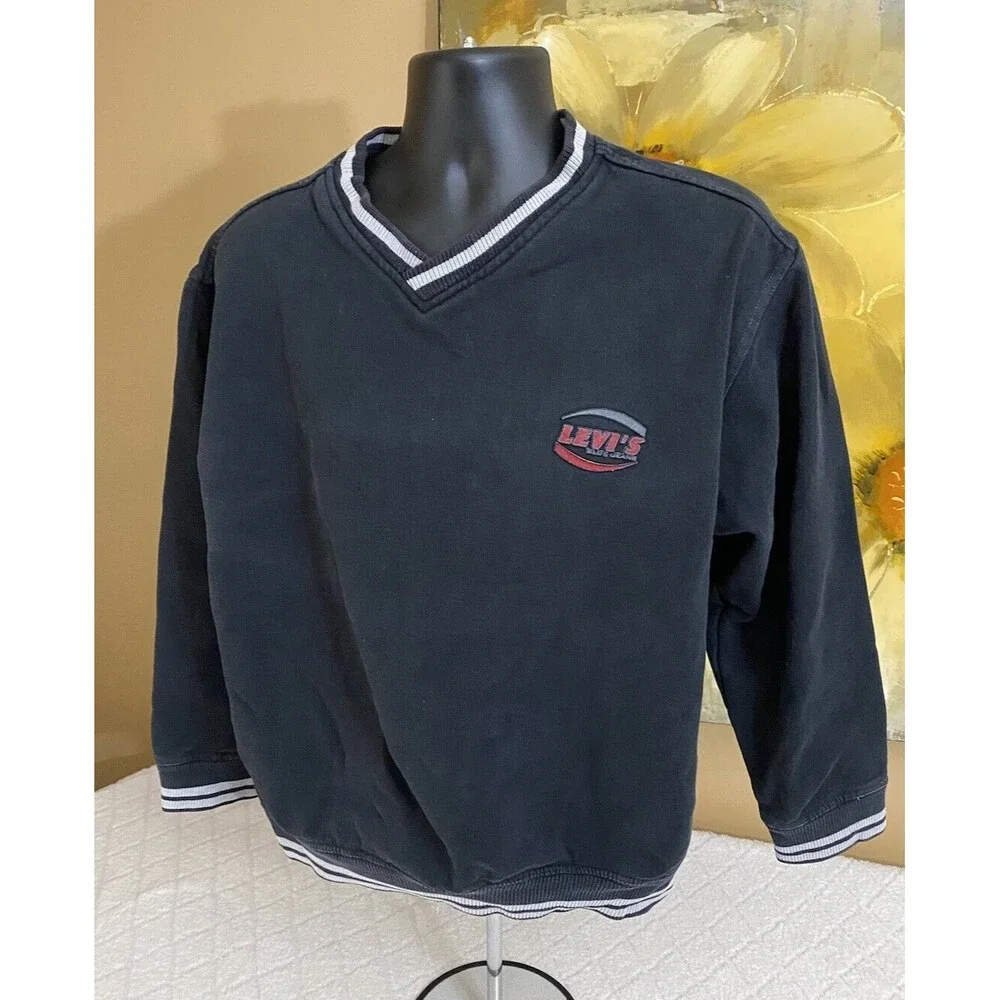 Vintage Levi’s Embroidered Red Logo Black V Neck Sweatshirt Men’s Size Large - Picture 5 of 13